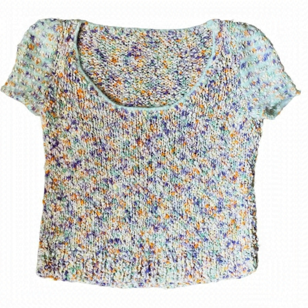 HAND Knit Soft Y2K Fuzzy Multicolour Short Sleeve Sweater Top SZ Small